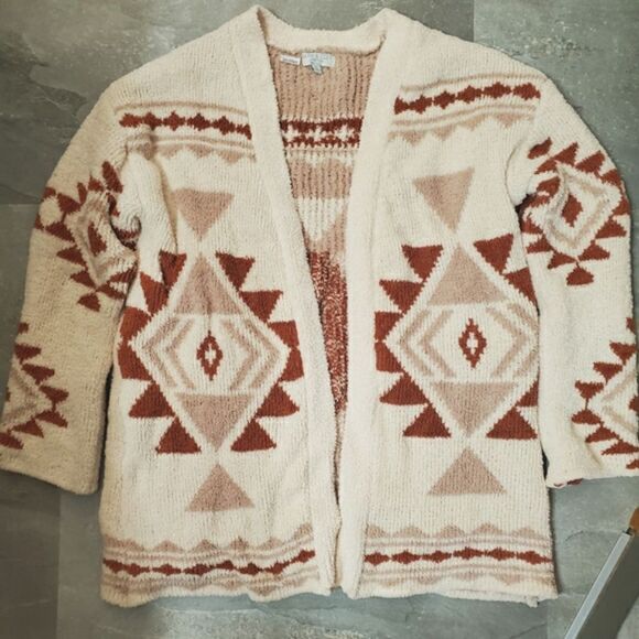 NWOT Warm & Cozy Open Front Cardigan Sweater. Cream, Brown. Geometric. Boho. M. - Picture 7 of 10